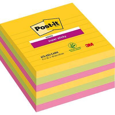 Post-it Super Sticky Grote Notes Gelijnd 101 x 101 mm Rio Kleuren 6 Blokken van 90 Vellen