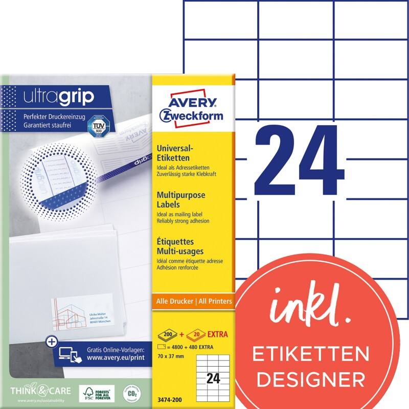 Avery Ultragrip Etiketten 3474-200 Klevend A4 Wit 70 x 37 mm 220 Vellen à 24 Etiketten