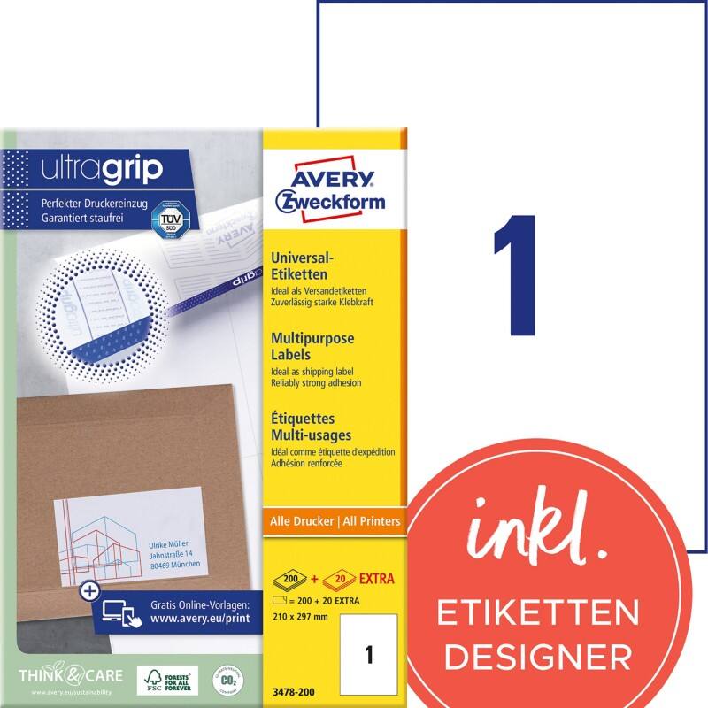 Avery Ultragrip Etiketten 3478-200 Klevend A4 Wit 210 x 297 mm 220 Vellen à 1 Etiketten