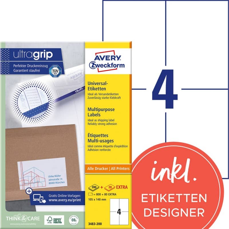 Avery Ultragrip Etiketten 3483-200 Klevend A4 Wit 105 x 148 mm 220 Vellen à 4 Etiketten