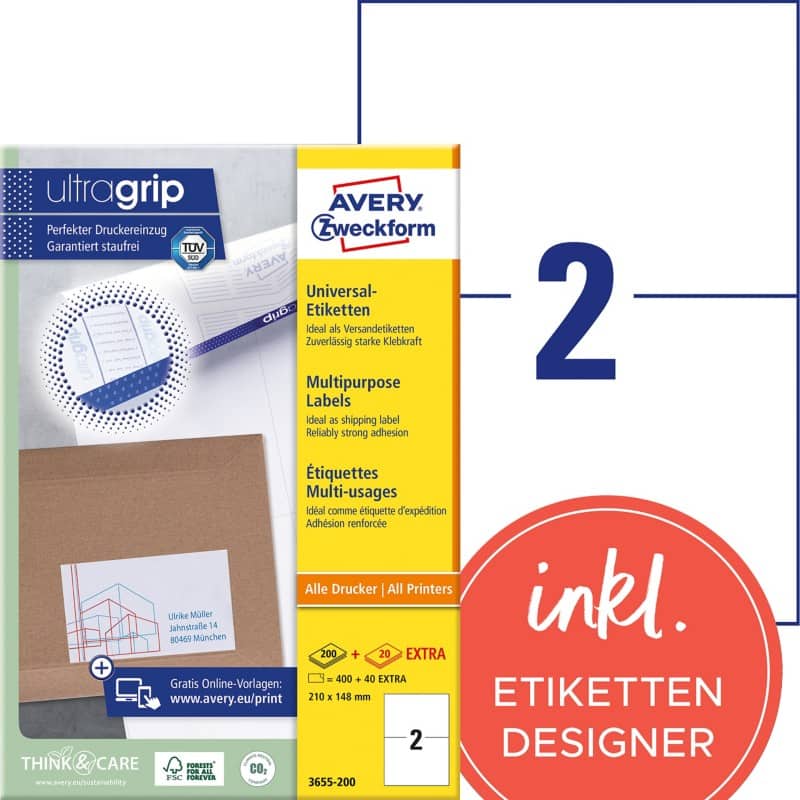 Avery Ultragrip Etiketten 3655-200 Klevend A4 Wit 210 x 148 mm 220 Vellen à 2 Etiketten