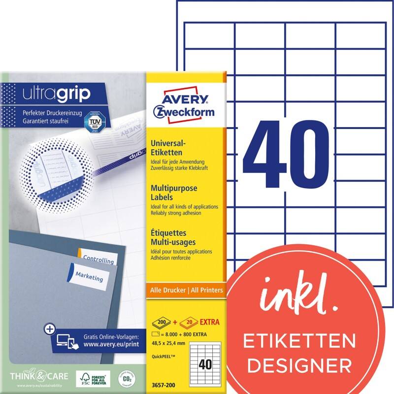 Avery Ultragrip Etiketten 3657-200 Klevend A4 Wit 48,5 x 25,4 mm 220 Vellen à 40 Etiketten