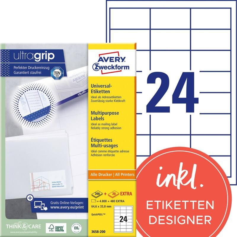 Avery Ultragrip Etiketten 3658-200 Klevend A4 Wit 64,6 x 33,8 mm 220 Vellen à 24 Etiketten