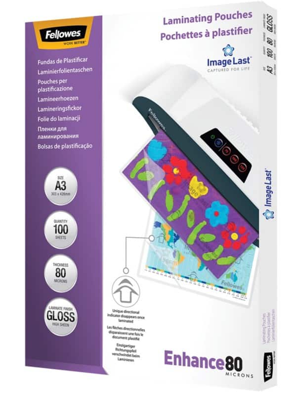 Fellowes ImageLast Enhance Lamineerhoes A3 Glanzend 80 micron (2 x 80) Transparant 100 Stuks