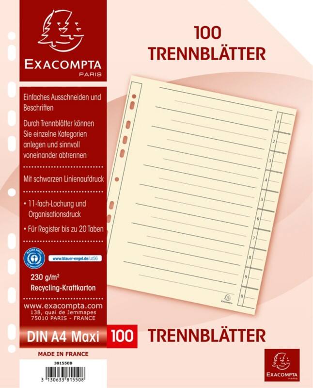 Exacompta 1 tot 10 Scheidingsbladen 95% Gerecycled A4 Chamois 10 tabs Karton 11 Gaten 381550B 100 Stuks