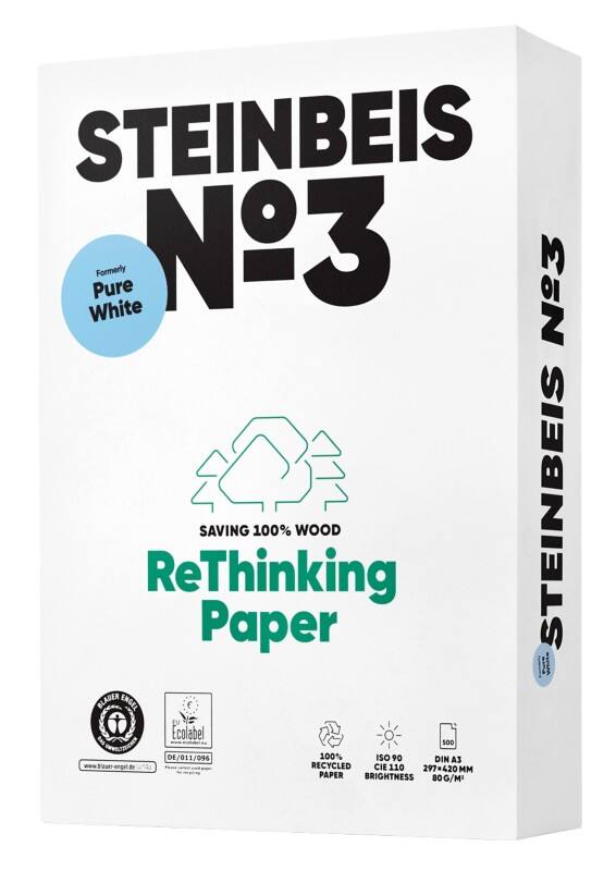 Steinbeis Pure No.3 A3 Kopieerpapier 100% Recycled 80 g/m² Glad Wit 500 Vellen