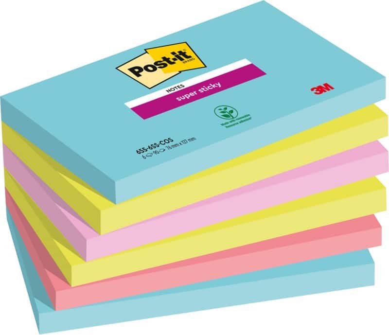 Post-it Miami Super Sticky Notes 127 x 76 mm Kleurenassortiment Rechthoekig Blanco 6 blokken à 90 Vellen