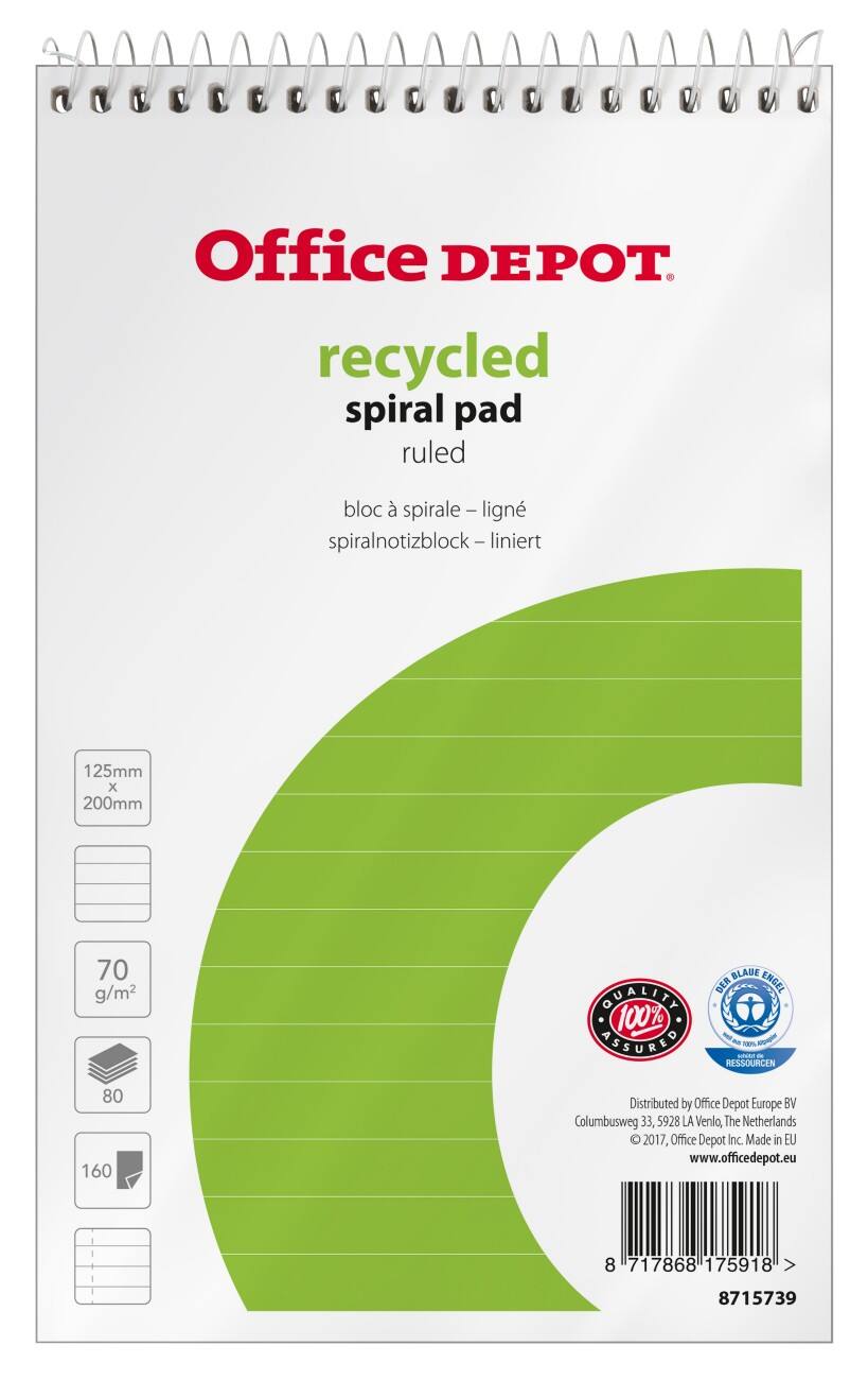 Office Depot 125 x 200 mm Spiraalblok Wit Softcover Gelinieerd Geperforeerd Reclycled 10 stuks à 80 vellen